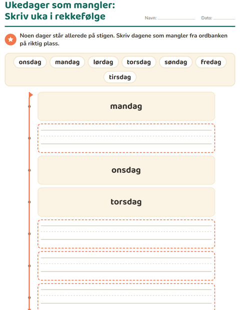 Forhåndsvisning av Ukedager og måneder-arbeidsark for Barnehage (5-7 år)