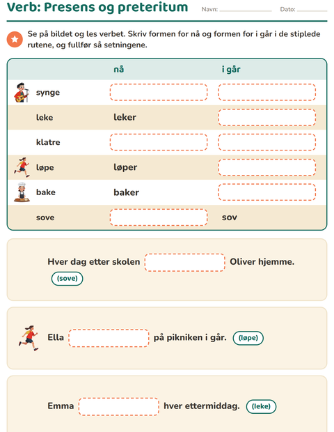 Forhåndsvisning av Verb: presens og preteritum-arbeidsark for 2. trinn
