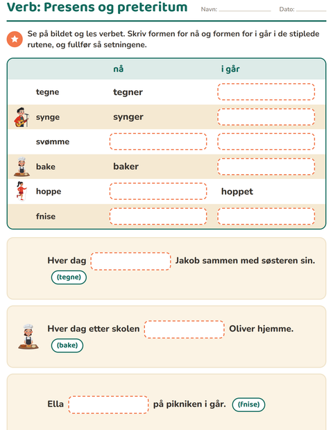 Forhåndsvisning av Verb: presens og preteritum-arbeidsark for 2. trinn