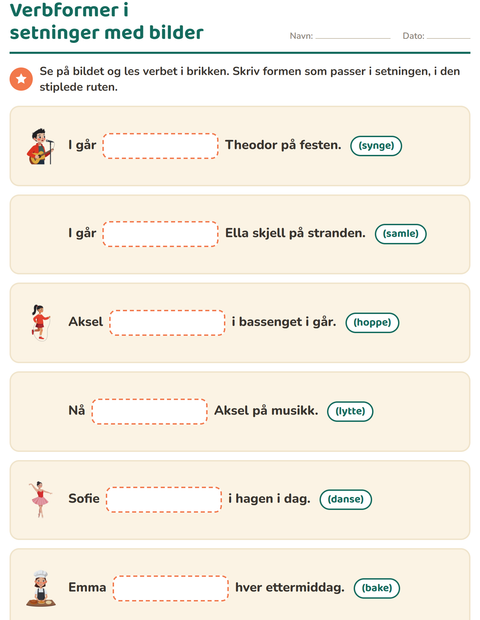Forhåndsvisning av Verb: presens og preteritum-arbeidsark for 2. trinn