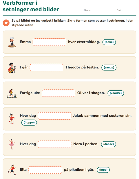 Forhåndsvisning av Verb: presens og preteritum-arbeidsark for 2. trinn
