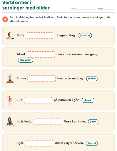 Forhåndsvisning av Verb: presens og preteritum-arbeidsark for 2. trinn