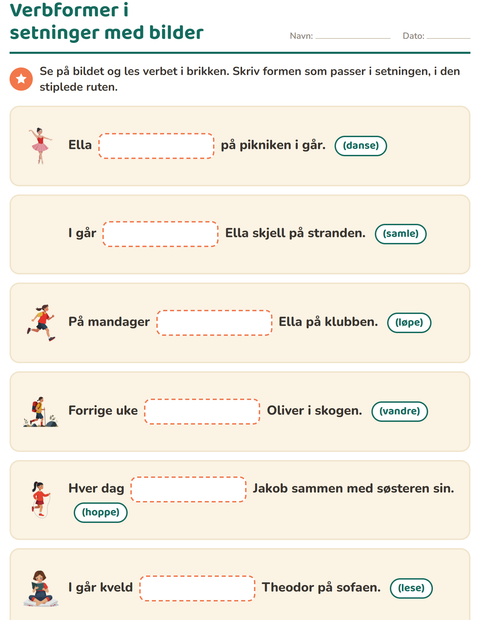 Forhåndsvisning av Verb: presens og preteritum-arbeidsark for 2. trinn