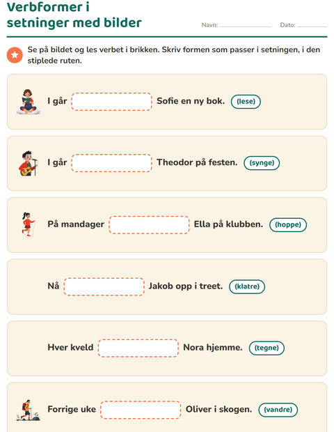 Forhåndsvisning av Verb: presens og preteritum-arbeidsark for 2. trinn