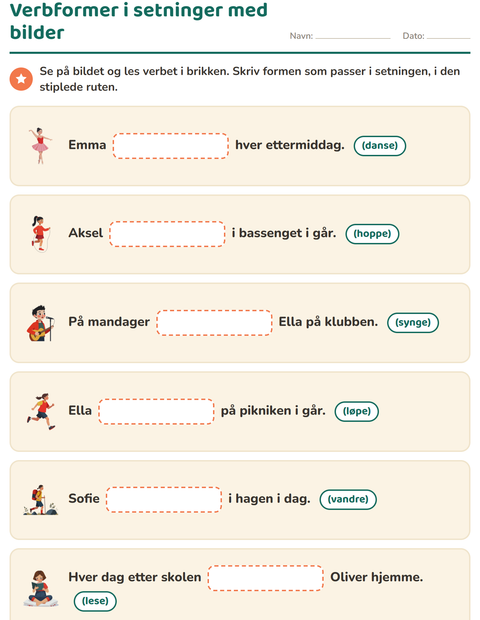 Forhåndsvisning av Verb: presens og preteritum-arbeidsark for 2. trinn