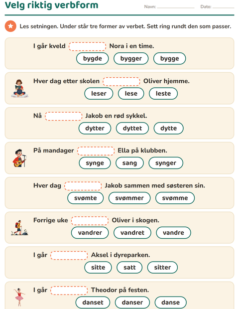 Forhåndsvisning av Verb: presens og preteritum-arbeidsark for 2. trinn