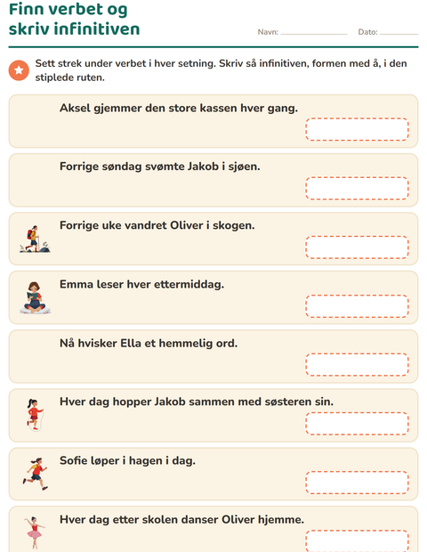 Forhåndsvisning av Verb: presens og preteritum-arbeidsark for 2. trinn