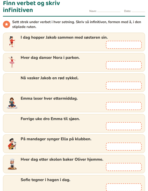 Forhåndsvisning av Finn verbet og skriv infinitiven: Strek under verbet, formen med å i ruten