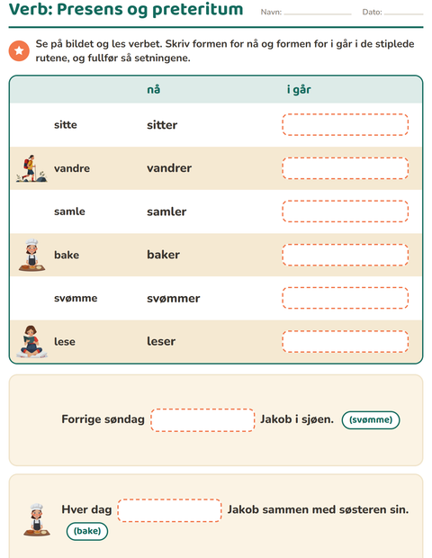 Forhåndsvisning av Verb: presens og preteritum-arbeidsark for 2. trinn