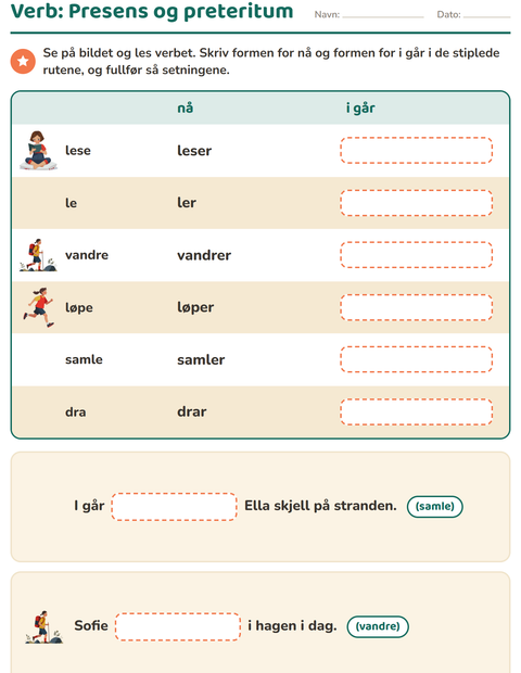 Forhåndsvisning av Verb: presens og preteritum-arbeidsark for 2. trinn