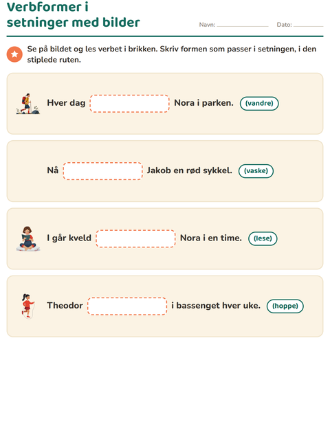 Forhåndsvisning av Verb: presens og preteritum-arbeidsark for 2. trinn