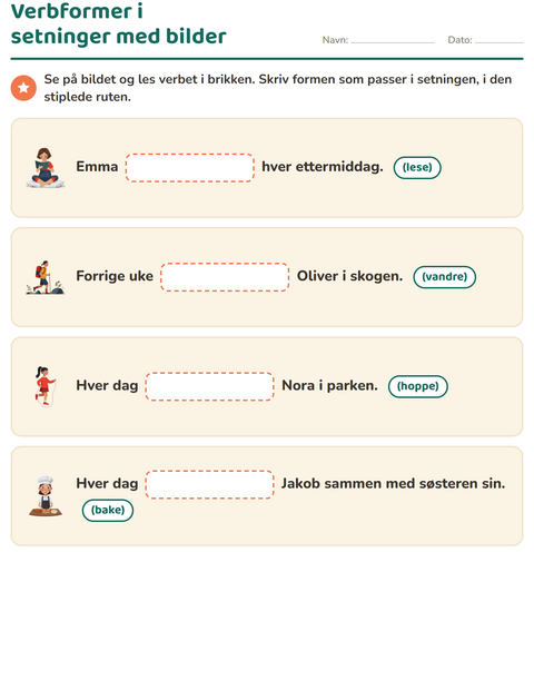 Forhåndsvisning av Verb: presens og preteritum-arbeidsark for 2. trinn