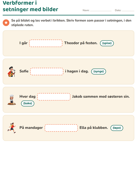Forhåndsvisning av Verb: presens og preteritum-arbeidsark for 2. trinn