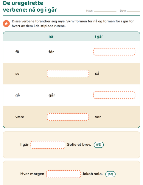 Forhåndsvisning av Verb: presens og preteritum-arbeidsark for 2. trinn