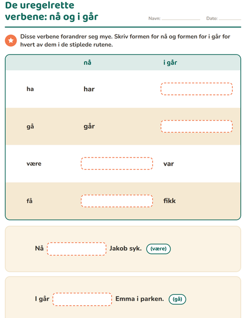 Forhåndsvisning av Verb: presens og preteritum-arbeidsark for 2. trinn