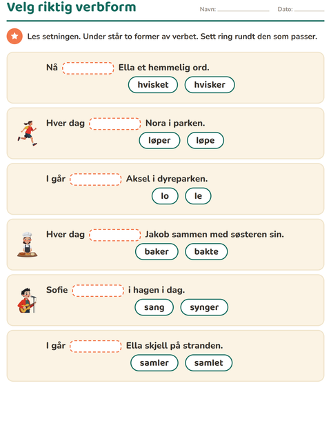 Forhåndsvisning av Verb: presens og preteritum-arbeidsark for 2. trinn
