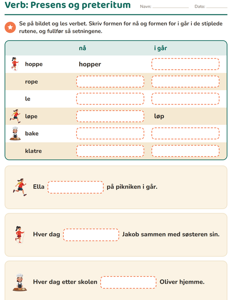 Forhåndsvisning av Verb: presens og preteritum-arbeidsark for 2. trinn