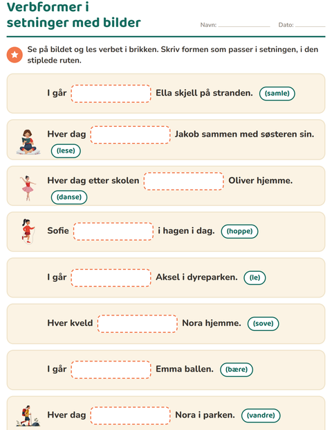 Forhåndsvisning av Verb: presens og preteritum-arbeidsark for 2. trinn