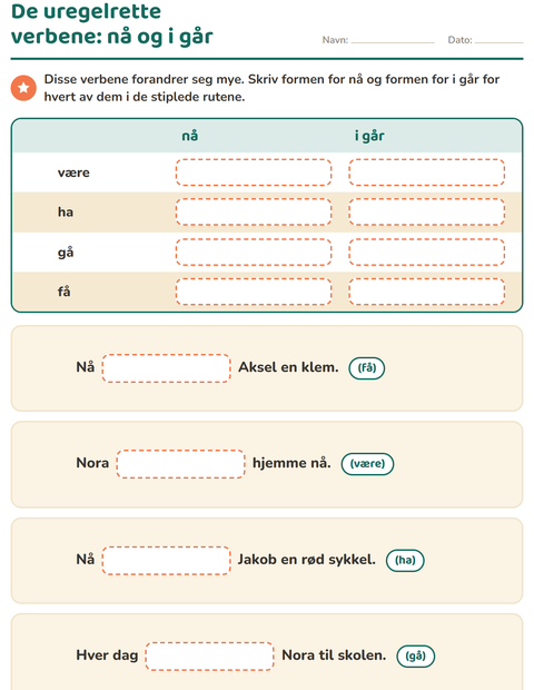 Forhåndsvisning av Verb: presens og preteritum-arbeidsark for 2. trinn