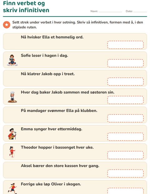 Forhåndsvisning av Verb: presens og preteritum-arbeidsark for 2. trinn