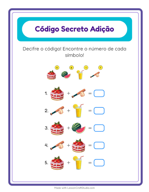 Pré-visualização da ficha de Adição Com Código com 4 de Julho para Educação infantil (pré-escola, 5-7 anos)