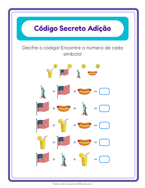 Pré-visualização da ficha de Adição Com Código com 4 de Julho para Educação infantil (pré-escola, 5-7 anos)