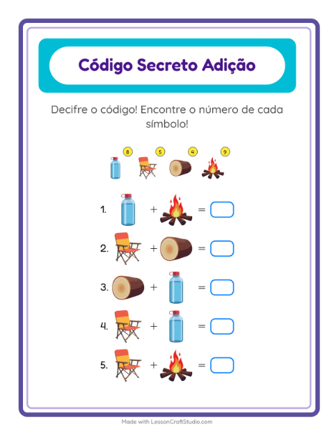 Pré-visualização da ficha de Adição Com Código com Acampamento para Educação infantil (pré-escola, 5-7 anos)