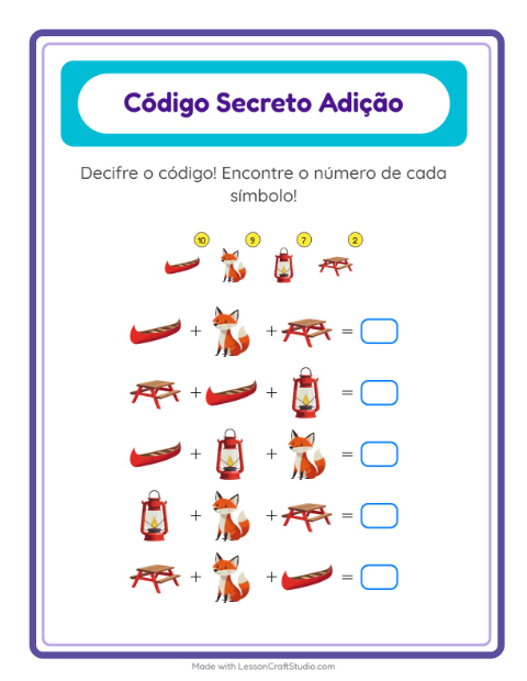 Pré-visualização da ficha de Adição Com Código com Acampamento para Educação infantil (pré-escola, 5-7 anos)