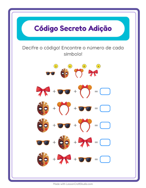 Pré-visualização da ficha de Adição Com Código com Acessórios para Educação infantil (pré-escola, 5-7 anos)