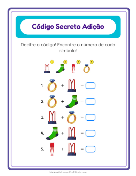 Pré-visualização da ficha de Adição Com Código com Acessórios para Educação infantil (pré-escola, 5-7 anos)