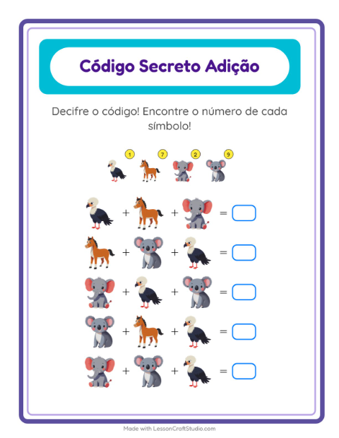 Pré-visualização da ficha de Adição Com Código com Animais para Educação infantil (pré-escola, 5-7 anos)