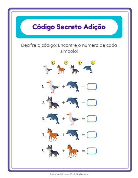 Prévia: Adição com código – decifre e some com Animais – atividade para o 1º ano