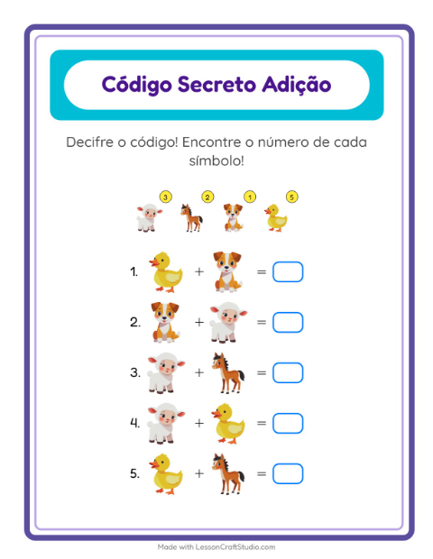 Pré-visualização da ficha de Adição Com Código com Animais da fazenda para Educação infantil (pré-escola, 5-7 anos)