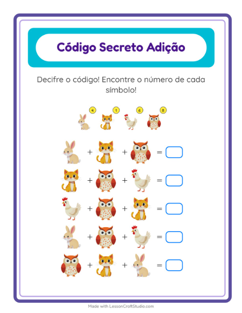 Pré-visualização da ficha de Adição Com Código com Animais da fazenda para Educação infantil (pré-escola, 5-7 anos)