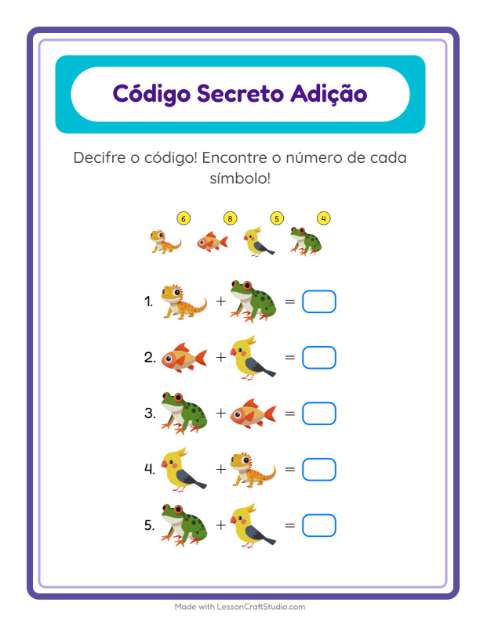 Pré-visualização da ficha de Adição Com Código com Animais de estimação para Educação infantil (pré-escola, 5-7 anos)