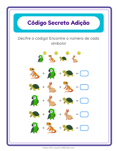 Pré-visualização da ficha de Adição Com Código com Animais de estimação para Educação infantil (pré-escola, 5-7 anos)