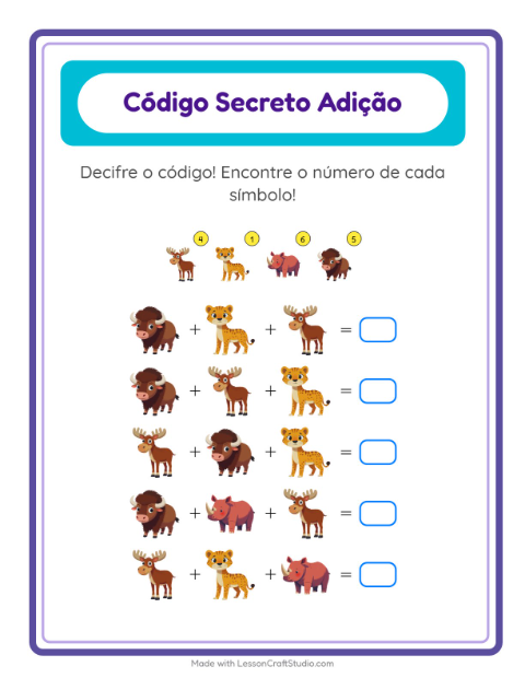 Pré-visualização da ficha de Adição Com Código com Animais do zoológico para Educação infantil (pré-escola, 5-7 anos)