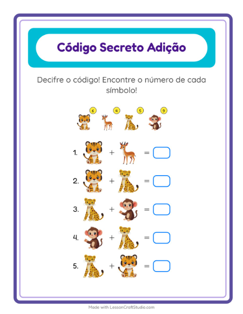 Pré-visualização da ficha de Adição Com Código com Animais do zoológico para Educação infantil (pré-escola, 5-7 anos)