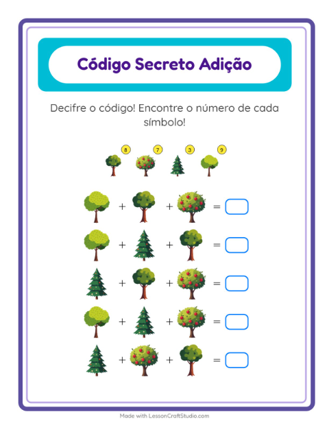 Pré-visualização da ficha de Adição Com Código com Árvores para Educação infantil (pré-escola, 5-7 anos)
