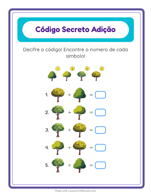 Pré-visualização da ficha de Adição Com Código com Árvores para Educação infantil (pré-escola, 5-7 anos)