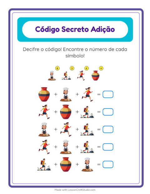 Pré-visualização da ficha de Adição Com Código com Atividades para Educação infantil (pré-escola, 5-7 anos)