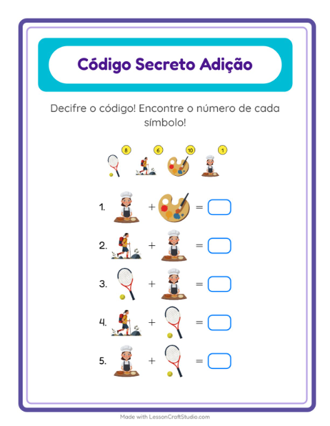 Pré-visualização da ficha de Adição Com Código com Atividades para Educação infantil (pré-escola, 5-7 anos)