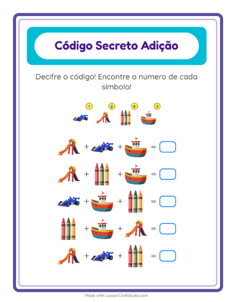 Pré-visualização da ficha de Adição Com Código com Brinquedos para Educação infantil (pré-escola, 5-7 anos)