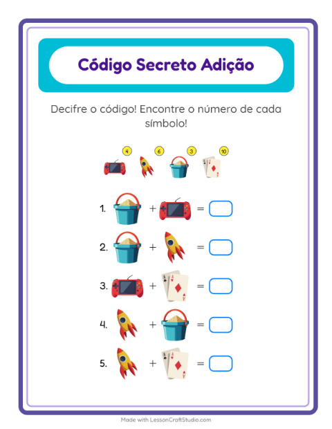 Pré-visualização da ficha de Adição Com Código com Brinquedos para Educação infantil (pré-escola, 5-7 anos)
