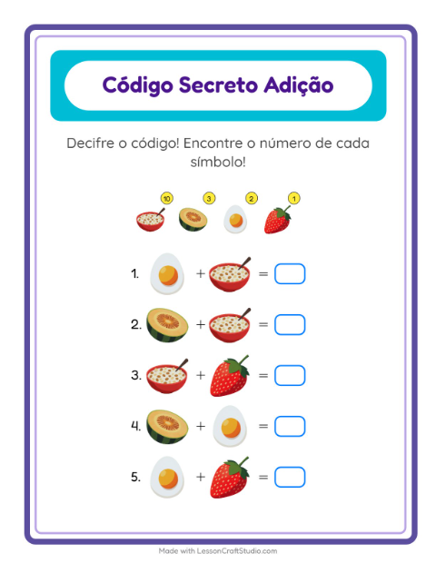 Pré-visualização da ficha de Adição Com Código com Café da manhã para Educação infantil (pré-escola, 5-7 anos)