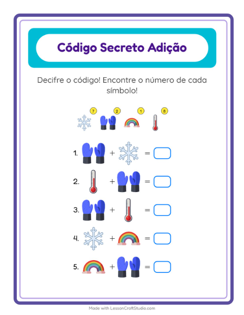Pré-visualização da ficha de Adição Com Código com Clima para Educação infantil (pré-escola, 5-7 anos)