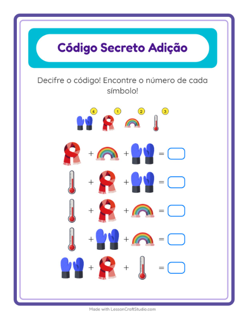 Pré-visualização da ficha de Adição Com Código com Clima para Educação infantil (pré-escola, 5-7 anos)