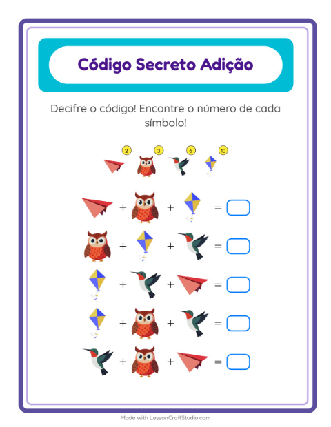 Pré-visualização da ficha de Adição Com Código com Coisas que voam para Educação infantil (pré-escola, 5-7 anos)