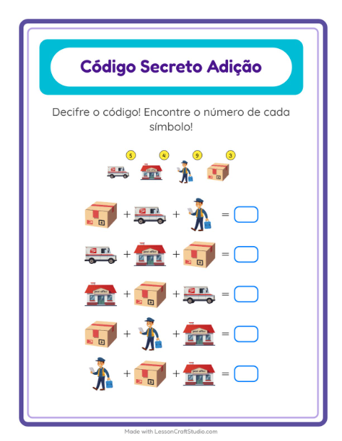 Pré-visualização da ficha de Adição Com Código com Correios para Educação infantil (pré-escola, 5-7 anos)