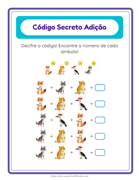 Pré-visualização da ficha de Adição Com Código com Criaturas da floresta para Educação infantil (pré-escola, 5-7 anos)